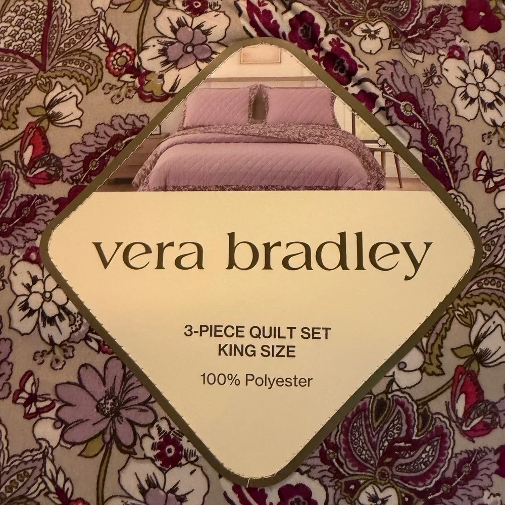 Vera Bradley Quilt Set King Lavender Plum Floral 3-Piece Reversible Bedding